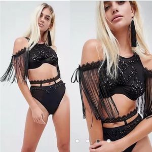 ASOS Embellished Mesh Fringe Halter Festival Bra